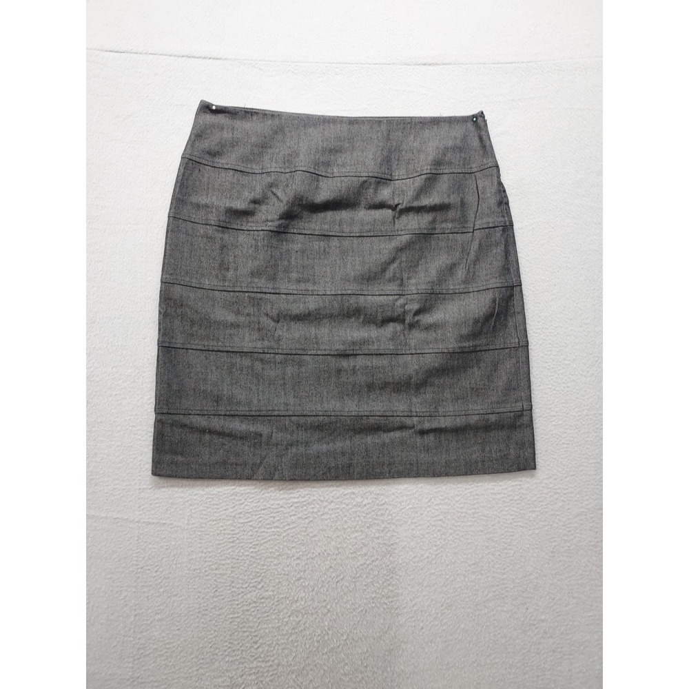 Sandro Women Pencil Skirt 12 Gray Denim Stretch Tiered Layered Side Zip Casual